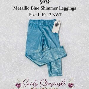 Girls Metallic Blue Shimmer Leggings Size L 10–12 NWT Stretch Elastic Waist